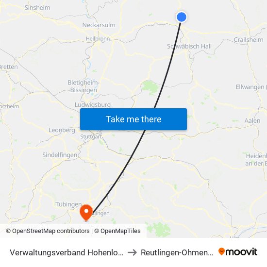 Verwaltungsverband Hohenloher Ebene to Reutlingen-Ohmenhausen map