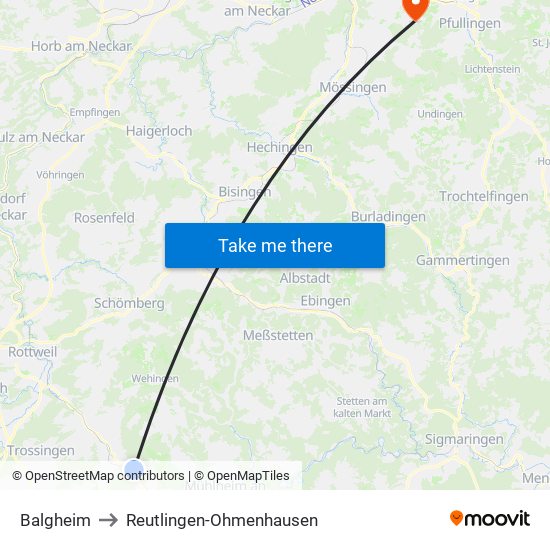 Balgheim to Reutlingen-Ohmenhausen map