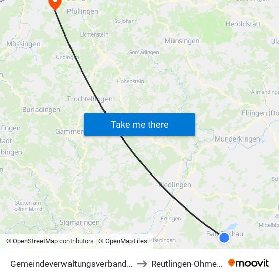 Gemeindeverwaltungsverband Bad Buchau to Reutlingen-Ohmenhausen map