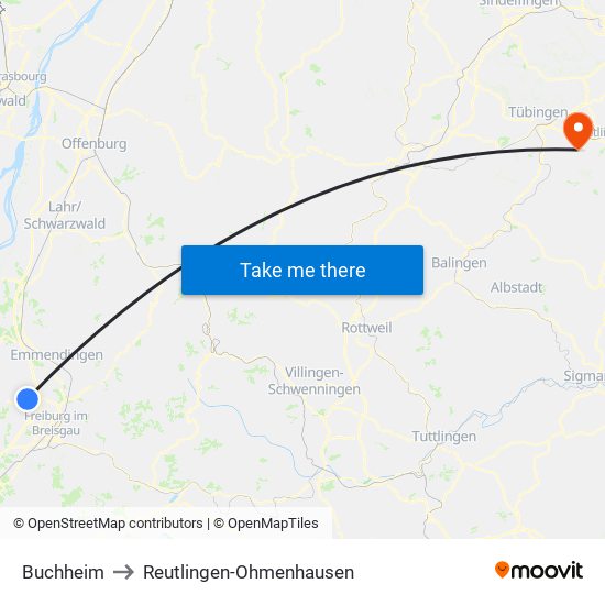 Buchheim to Reutlingen-Ohmenhausen map