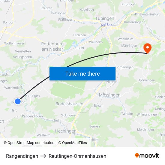 Rangendingen to Reutlingen-Ohmenhausen map