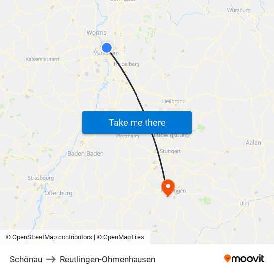 Schönau to Reutlingen-Ohmenhausen map