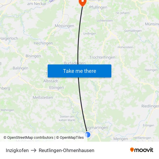 Inzigkofen to Reutlingen-Ohmenhausen map