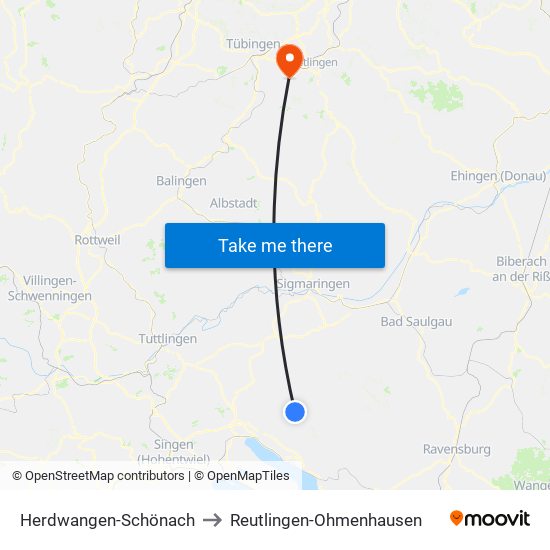 Herdwangen-Schönach to Reutlingen-Ohmenhausen map