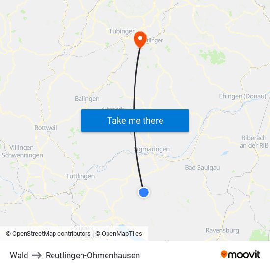 Wald to Reutlingen-Ohmenhausen map