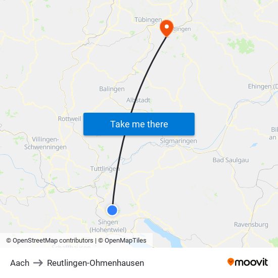 Aach to Reutlingen-Ohmenhausen map