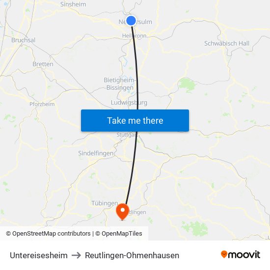 Untereisesheim to Reutlingen-Ohmenhausen map