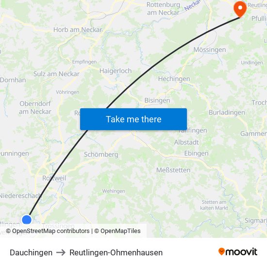 Dauchingen to Reutlingen-Ohmenhausen map