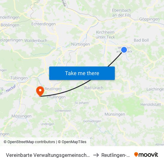 Vereinbarte Verwaltungsgemeinschaft Der Stadt Weilheim An Der Teck to Reutlingen-Ohmenhausen map