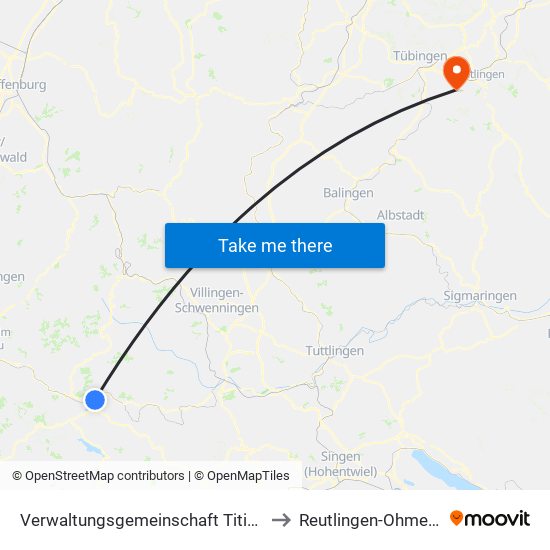 Verwaltungsgemeinschaft Titisee-Neustadt to Reutlingen-Ohmenhausen map