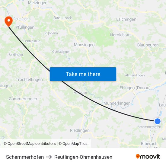 Schemmerhofen to Reutlingen-Ohmenhausen map