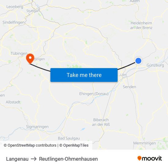 Langenau to Reutlingen-Ohmenhausen map