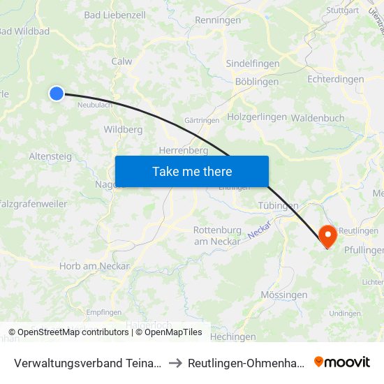 Verwaltungsverband Teinachtal to Reutlingen-Ohmenhausen map