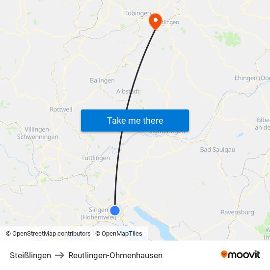 Steißlingen to Reutlingen-Ohmenhausen map