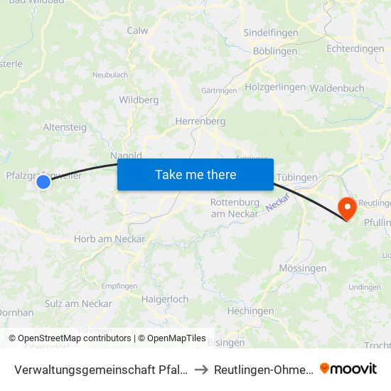 Verwaltungsgemeinschaft Pfalzgrafenweiler to Reutlingen-Ohmenhausen map