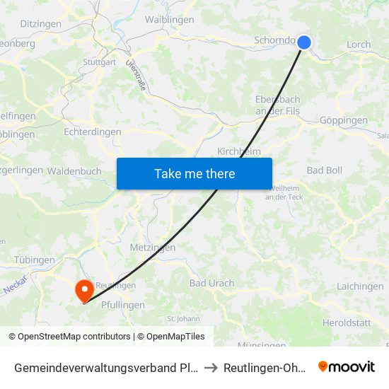 Gemeindeverwaltungsverband Plüderhausen-Urbach to Reutlingen-Ohmenhausen map