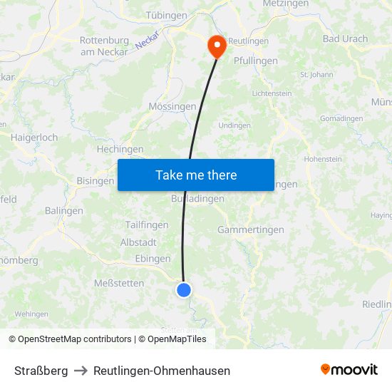 Straßberg to Reutlingen-Ohmenhausen map