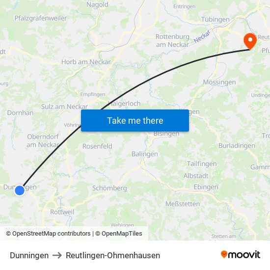 Dunningen to Reutlingen-Ohmenhausen map