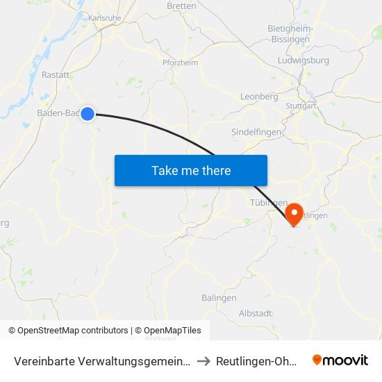 Vereinbarte Verwaltungsgemeinschaft Gernsbach to Reutlingen-Ohmenhausen map