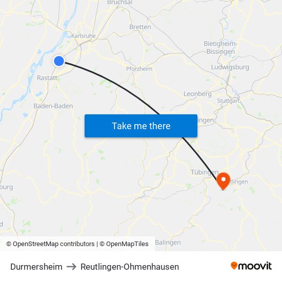 Durmersheim to Reutlingen-Ohmenhausen map