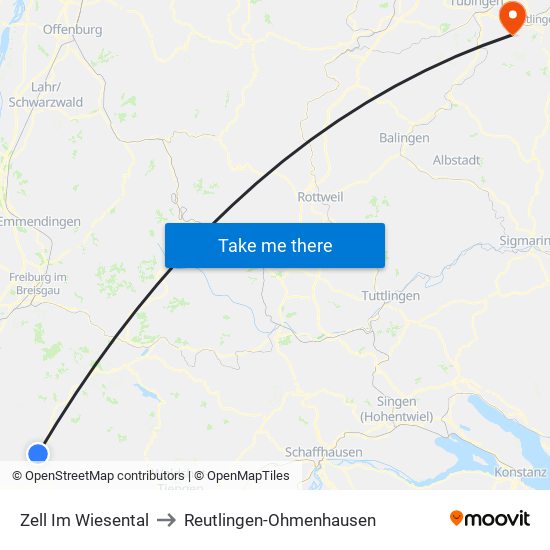 Zell Im Wiesental to Reutlingen-Ohmenhausen map