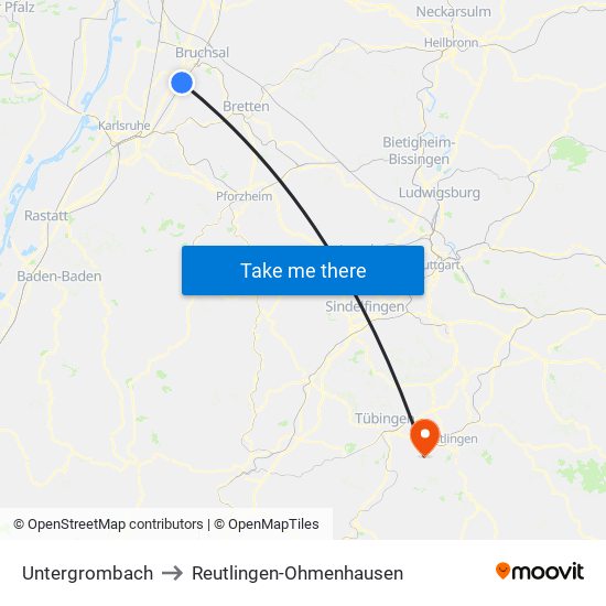 Untergrombach to Reutlingen-Ohmenhausen map