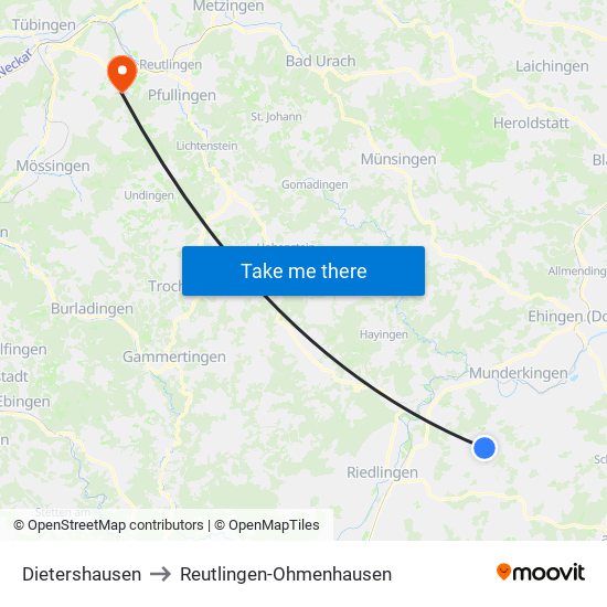 Dietershausen to Reutlingen-Ohmenhausen map