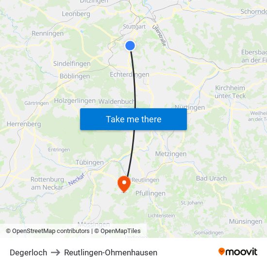 Degerloch to Reutlingen-Ohmenhausen map