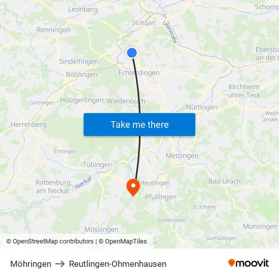 Möhringen to Reutlingen-Ohmenhausen map