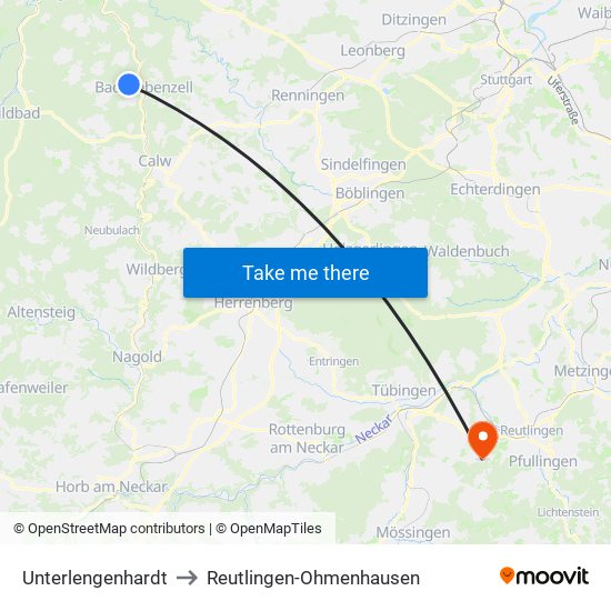 Unterlengenhardt to Reutlingen-Ohmenhausen map