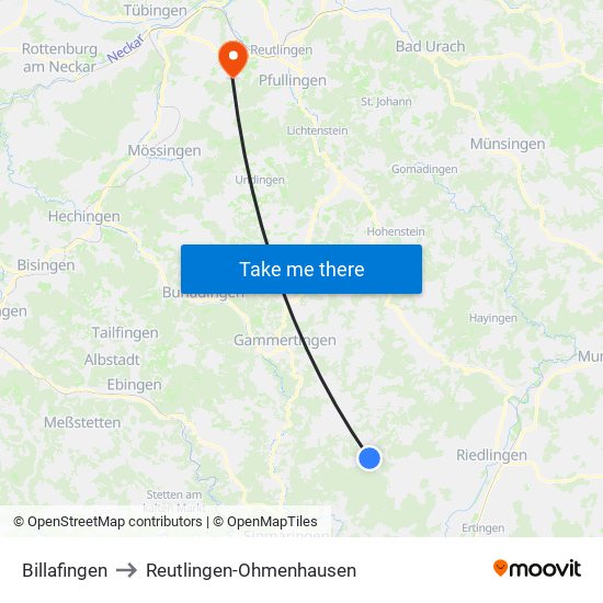 Billafingen to Reutlingen-Ohmenhausen map