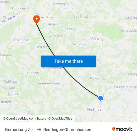 Gemarkung Zell to Reutlingen-Ohmenhausen map
