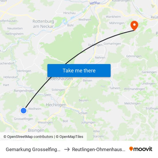 Gemarkung Grosselfingen to Reutlingen-Ohmenhausen map