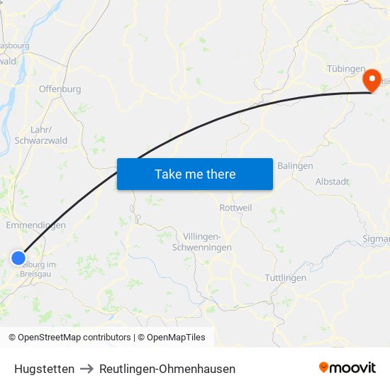 Hugstetten to Reutlingen-Ohmenhausen map