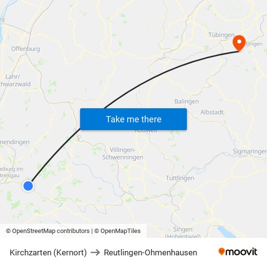 Kirchzarten (Kernort) to Reutlingen-Ohmenhausen map