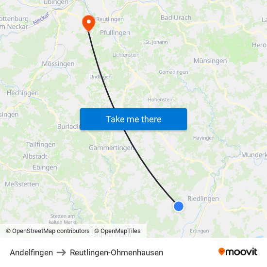 Andelfingen to Reutlingen-Ohmenhausen map