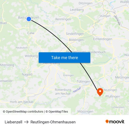 Liebenzell to Reutlingen-Ohmenhausen map