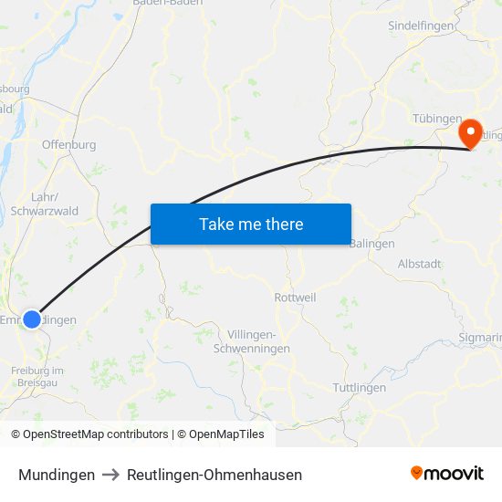 Mundingen to Reutlingen-Ohmenhausen map