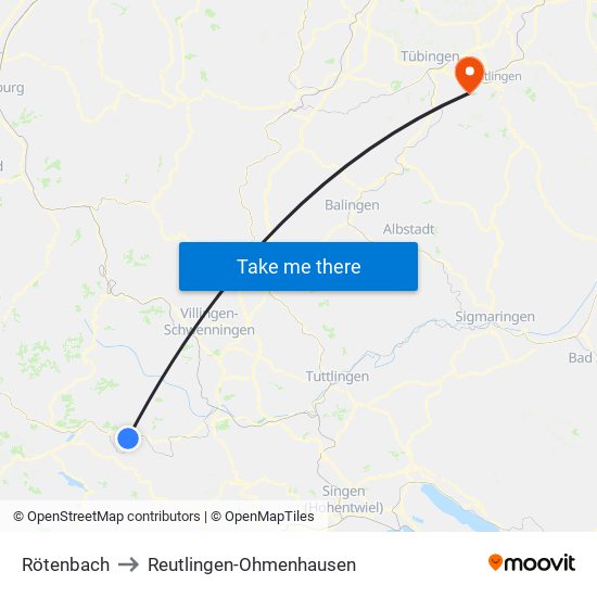 Rötenbach to Reutlingen-Ohmenhausen map