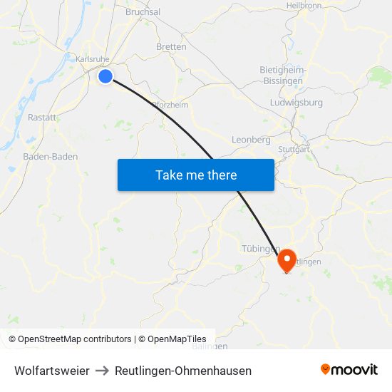 Wolfartsweier to Reutlingen-Ohmenhausen map