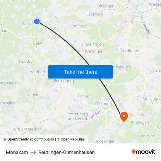 Monakam to Reutlingen-Ohmenhausen map
