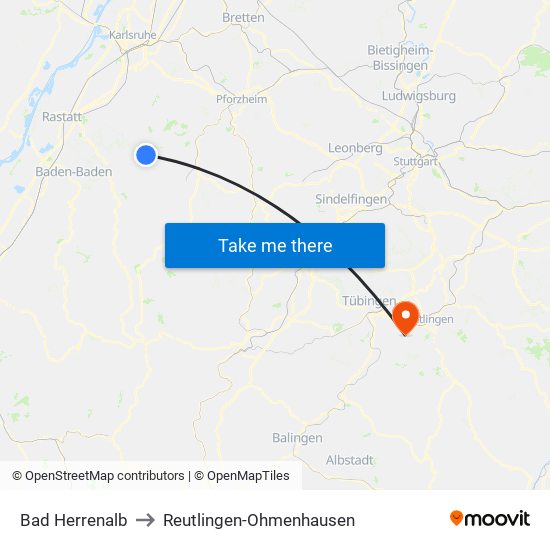 Bad Herrenalb to Reutlingen-Ohmenhausen map