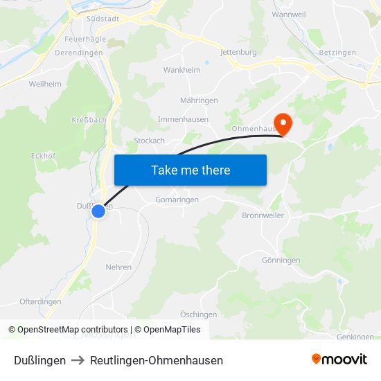 Dußlingen to Reutlingen-Ohmenhausen map