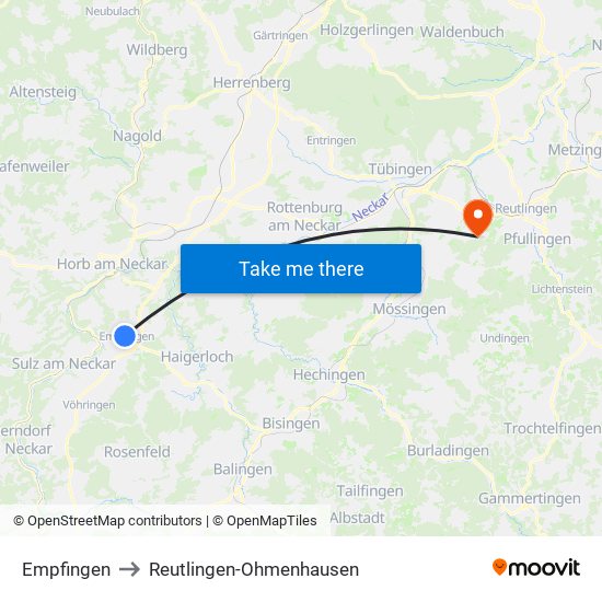 Empfingen to Reutlingen-Ohmenhausen map