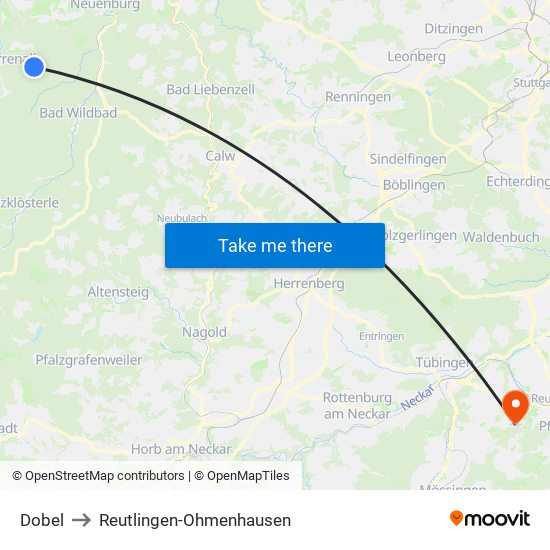 Dobel to Reutlingen-Ohmenhausen map