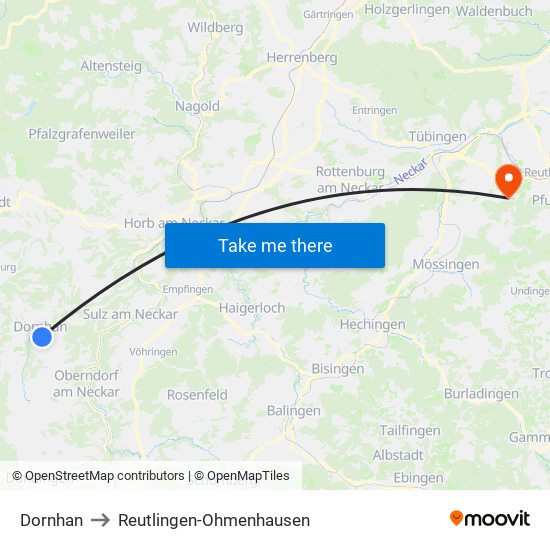 Dornhan to Reutlingen-Ohmenhausen map