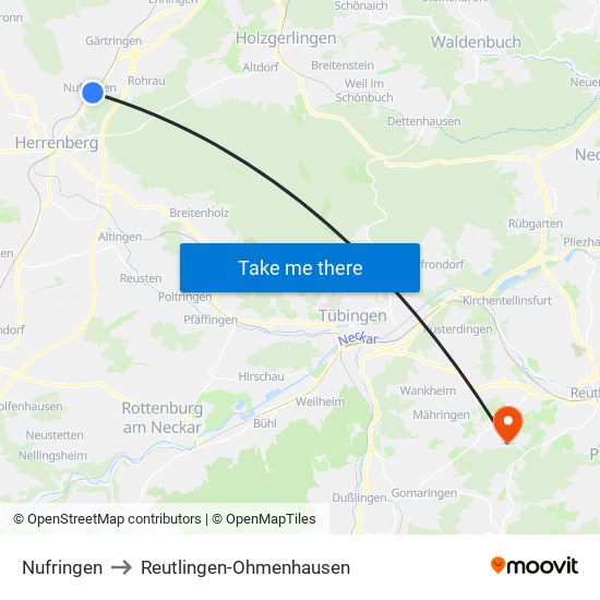 Nufringen to Reutlingen-Ohmenhausen map