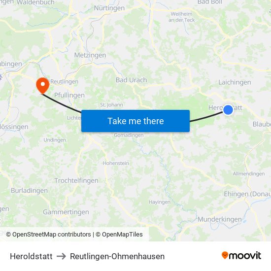 Heroldstatt to Reutlingen-Ohmenhausen map