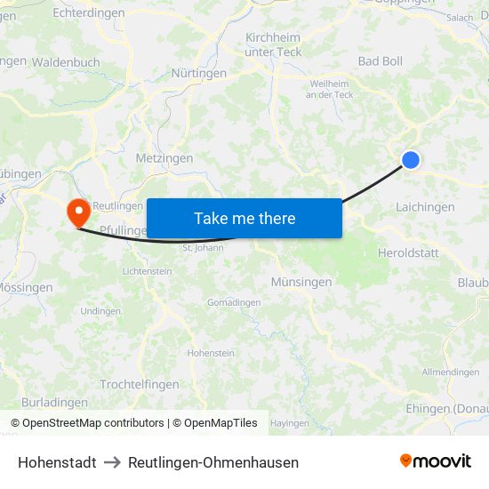 Hohenstadt to Reutlingen-Ohmenhausen map