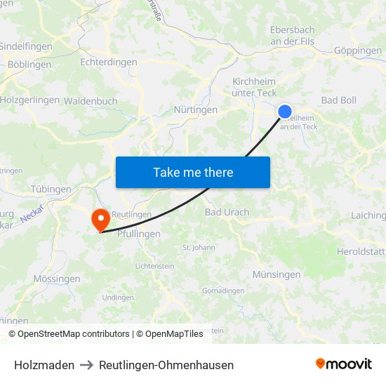 Holzmaden to Reutlingen-Ohmenhausen map